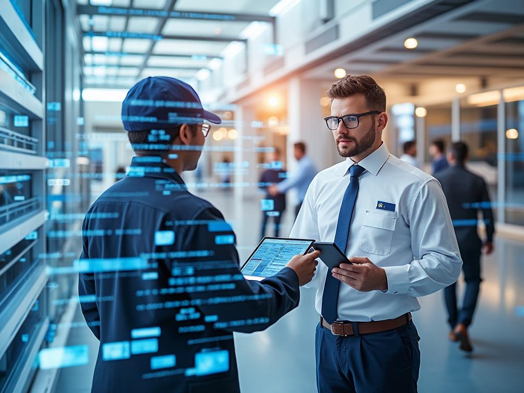Two professionals in a modern office setting using digital tablets, with operational data visually floating around them.