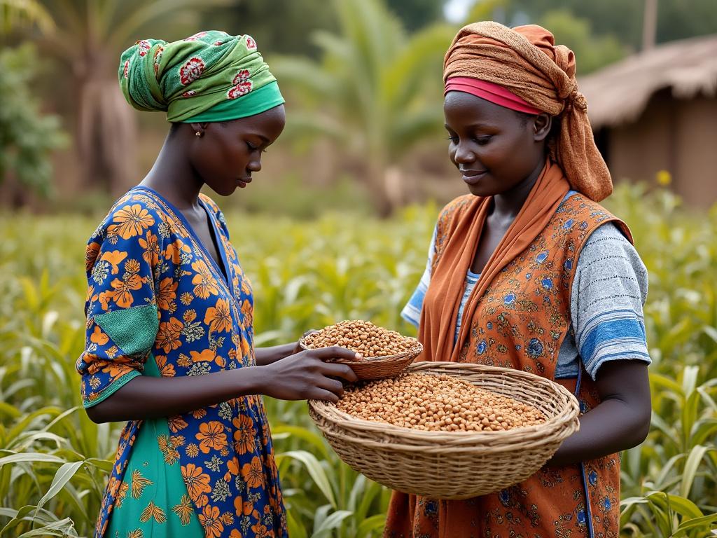 Two women in colorful attire holding baskets of harvested beans in a lush, green agricultural field.