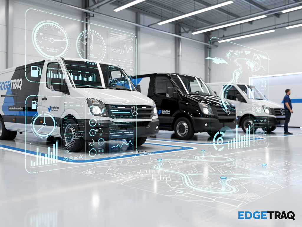 Fleet tracking technology website displayed on desktop monitor with connected cars, GPS maps, telematics dashboards, and vehicle management features
