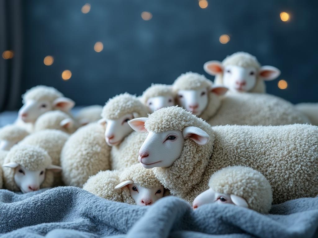 Grup de oi pufoase odihnindu-se pe o pătură albastră, cu lumini strălucitoare în fundal.