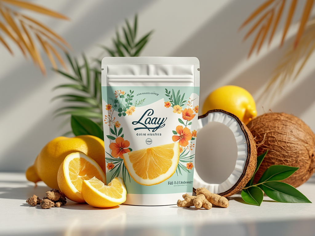 Tropical themed product packaging with vibrant floral design, surrounded by fresh lemons, coconut, ginger root, and green leaves.