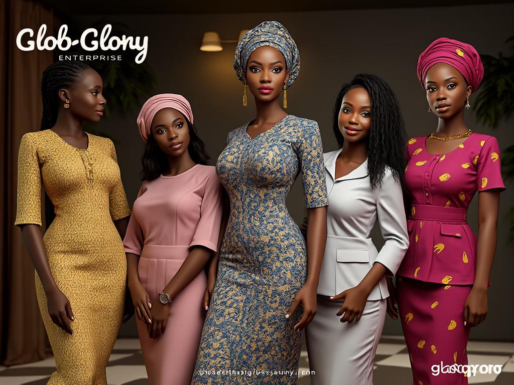 Group of five women in elegant dresses, showcasing diverse fashion styles and headwear, standing confidently indoors.