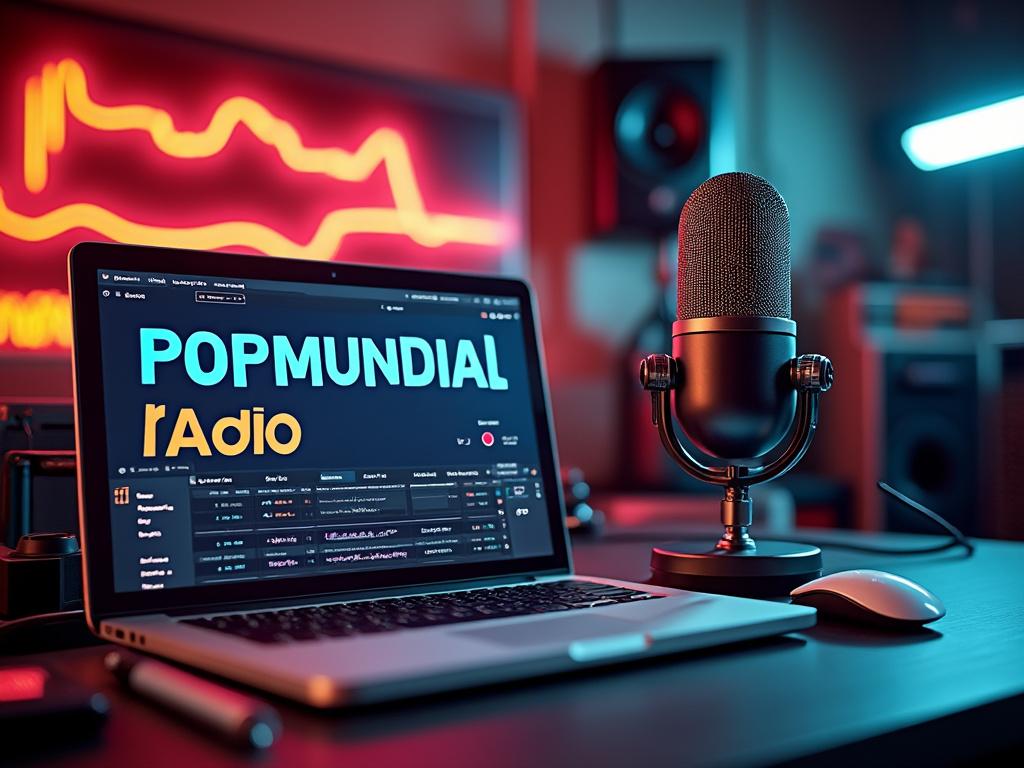 Modern podcast studio with microphone, laptop displaying 'POPMUNDIAL radio' and neon lights in the background.