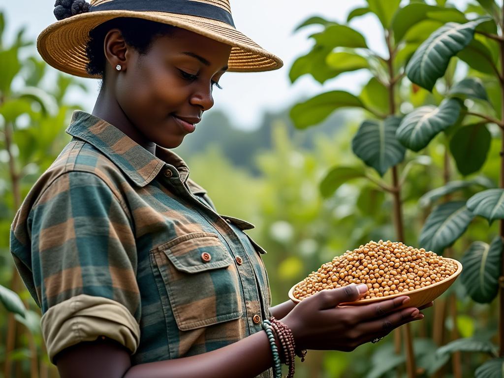Woman farmer in plaid shirt and straw hat holding a bowl of soybeans in a field.