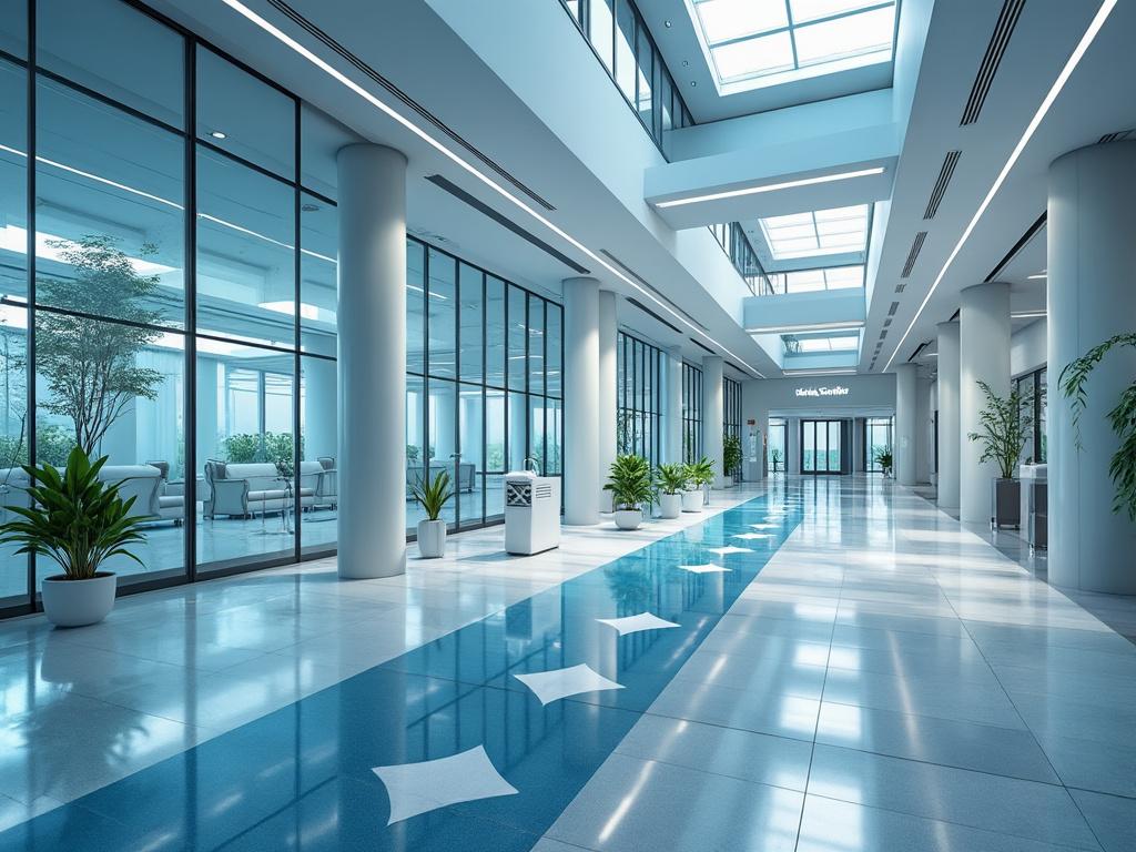 Modern hospital lobby with large glass windows, minimalistic decor, and indoor plants along a spacious corridor.