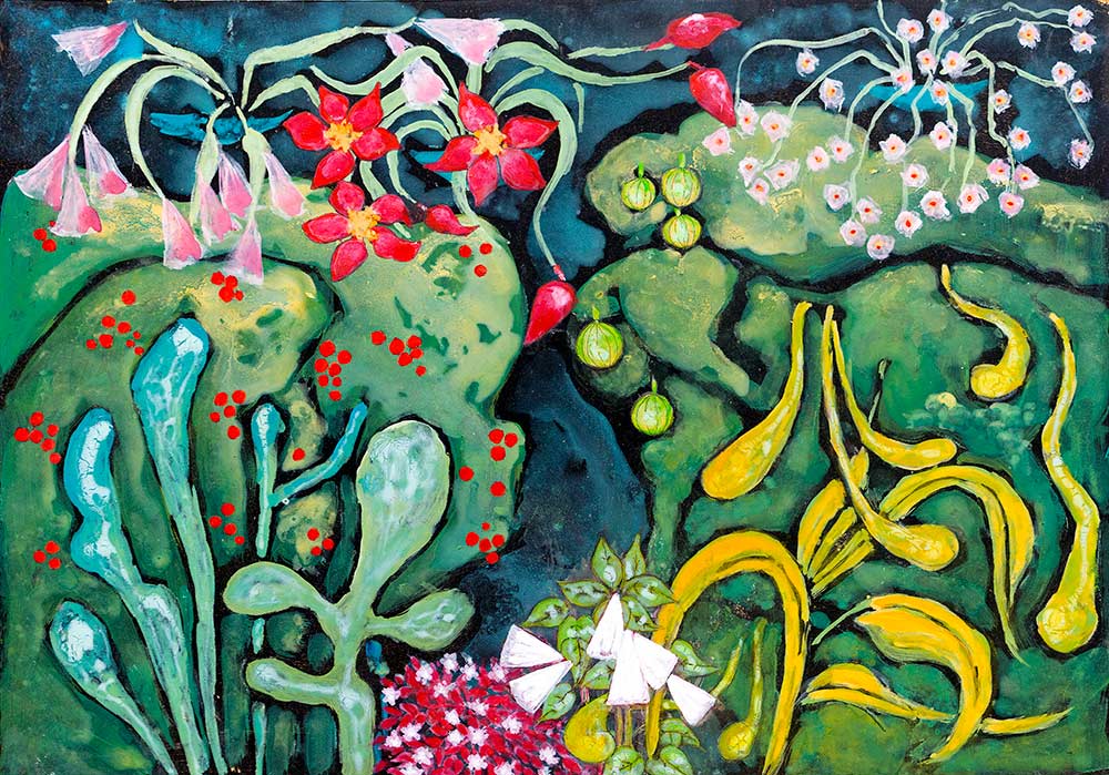 abstract painting of flowers in a garden by Welsh artist Muriel Williams