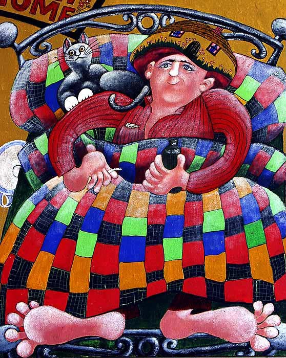 Funny painting by Welsh artist Muriel Williams of a man in bed with a bottle of beer a tea cosy on his head and a cat