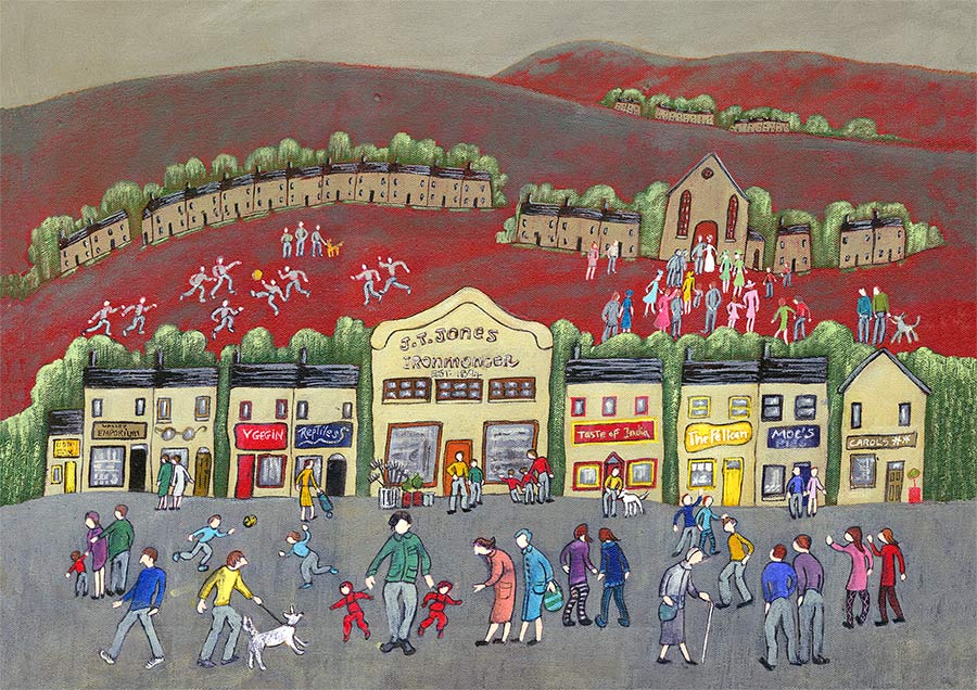 nostalgic picture of old shops by Welsh artist Muriel Williams