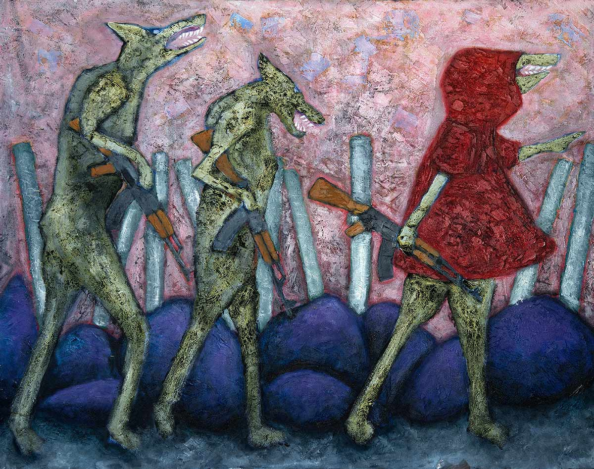 painting of Red Riding Hood three wolves carrying AK 47 rifles by Welsh contemporary artist Mark Lloyd Williams