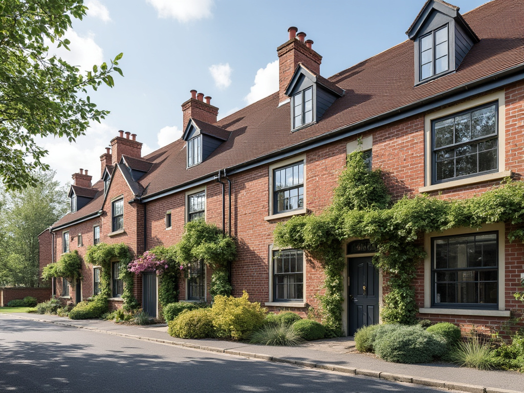 Row of charming brick townhouses with climbing plants, dormer windows, and a lush garden setting on a sunny day.
