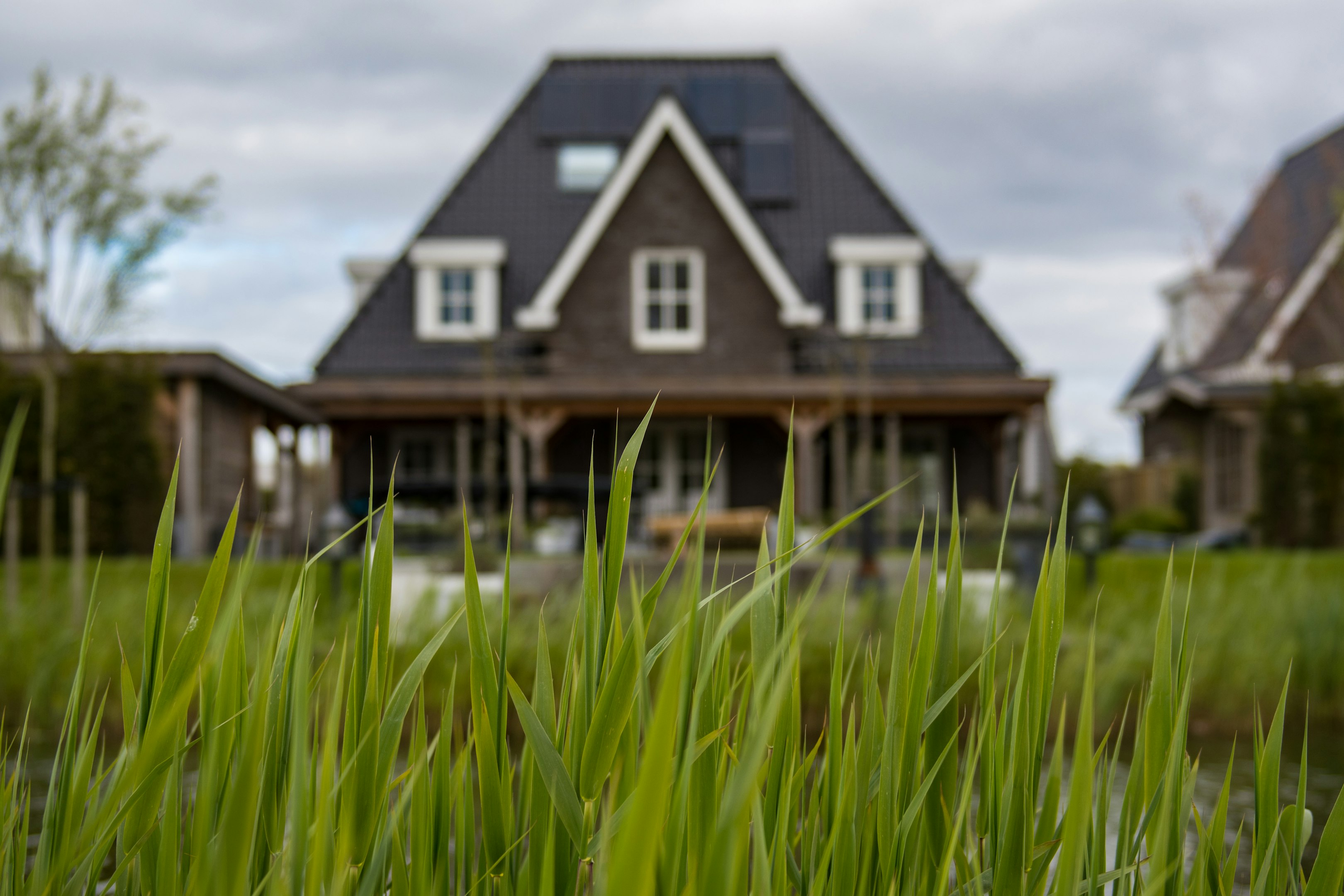 Maison en briques avec toit en pente visible derrière des brins d'herbe verte sous un ciel nuageux.