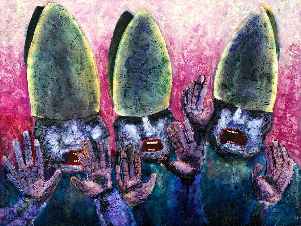sinister painting of three priests by contemporary Welsh artist Mark Lloyd Williams