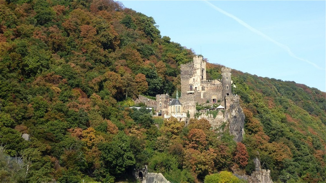 Die Burg Rheinstein steht linksrheinisch auf einem Abhang des Binger Waldes.