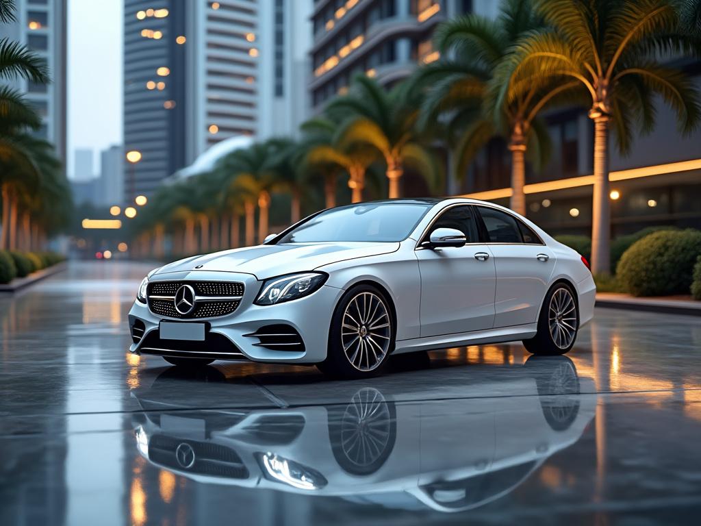 Luxury white sedan parked on a wet urban street with palm trees and modern buildings in the background.