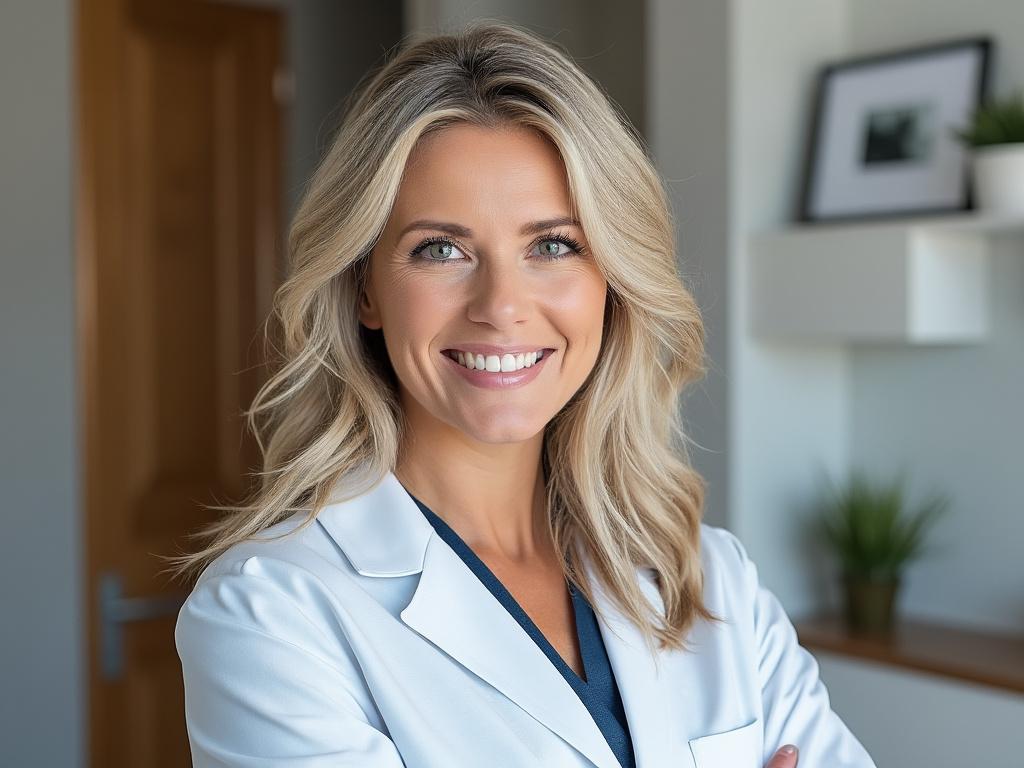 Lächelnde Frau in weißem Kittel in modernem Büro.