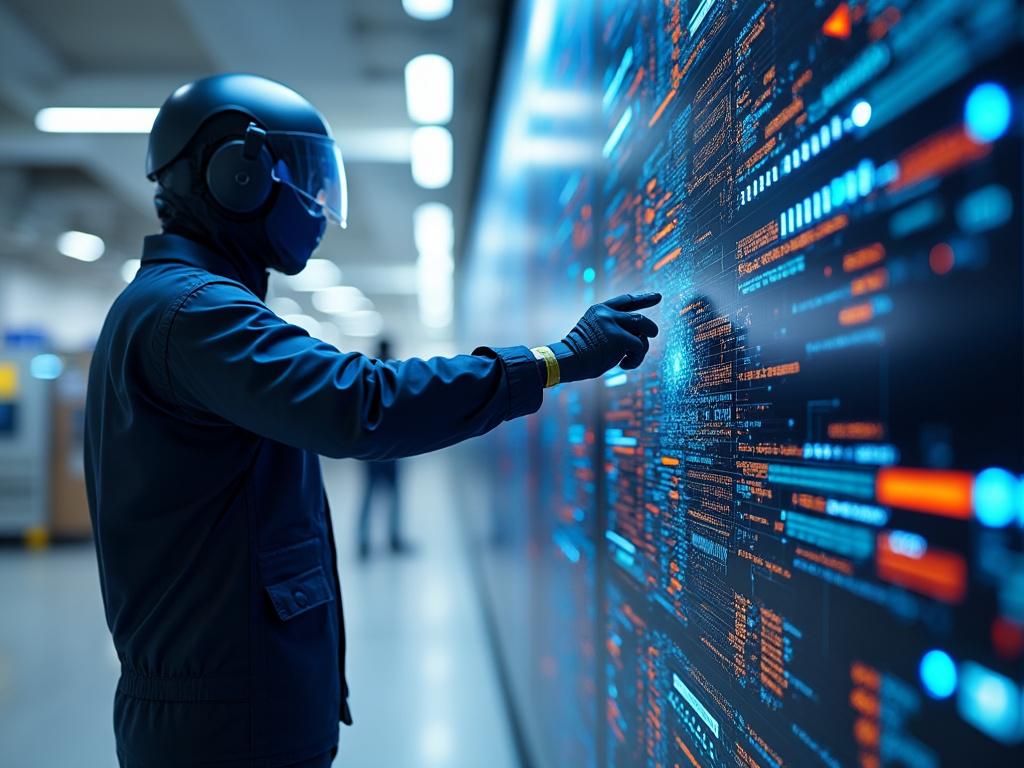 Futuristic scene of a person wearing a helmet and gloves, interacting with a large digital screen displaying complex data and code in a high-tech environment.