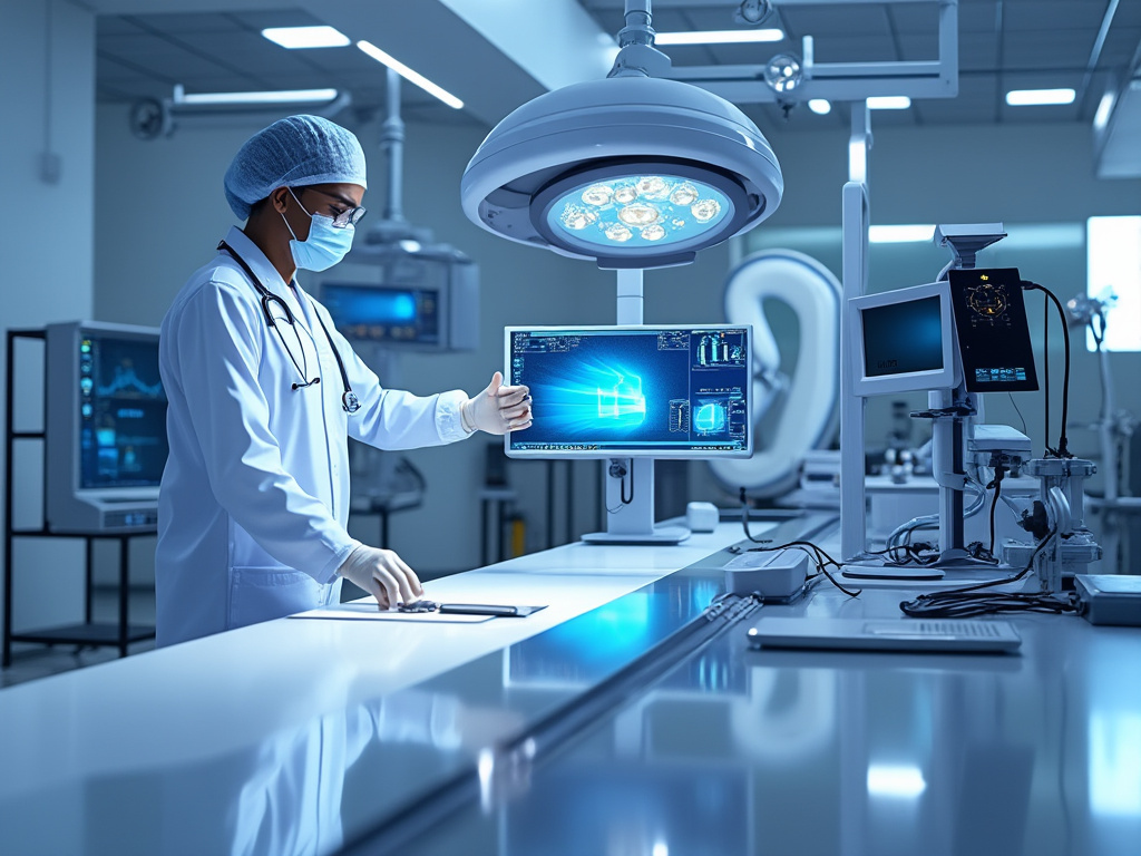 Doctor in a modern operating room analyzing medical data on a digital screen with advanced surgical equipment.
