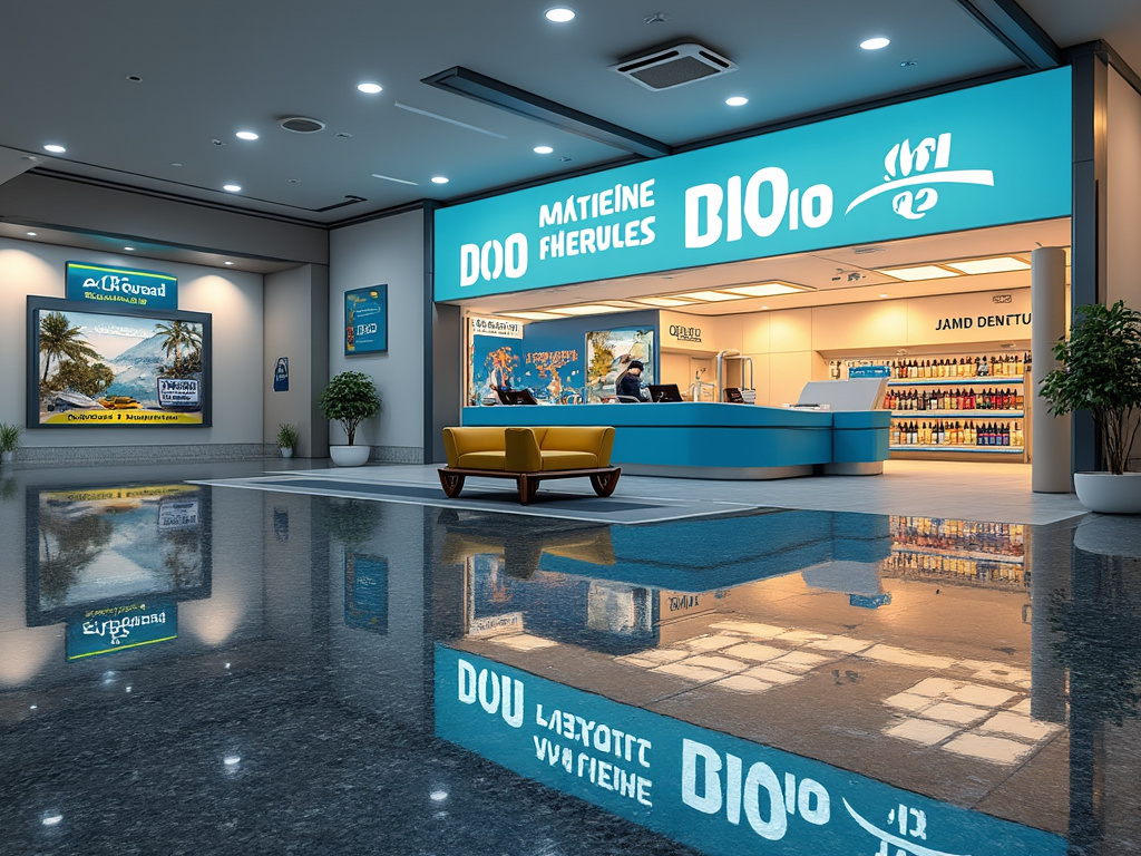 Interior moderno de loja com letreiro azul, sofá amarelo, piso refletivo e prateleiras de bebidas ao fundo.