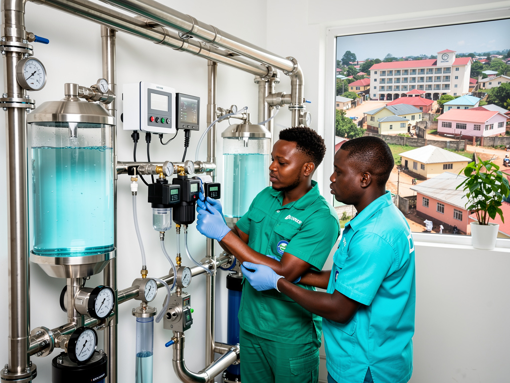 Technicians monitoring industrial water filtration system with tanks, pipes, gauges, and control panels in a modern facility Technicians monitoring industrial water filtration system with tanks, pipes, gauges, and control panels in a modern facility