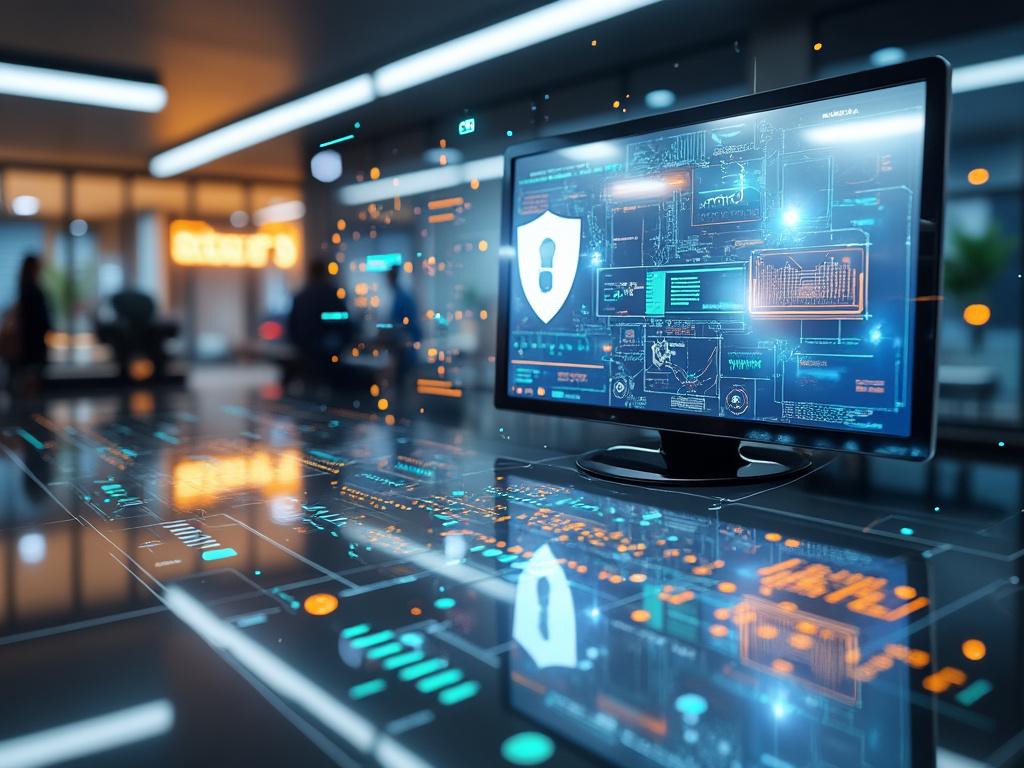 Futuristic office with computer displaying cybersecurity interface on screen.