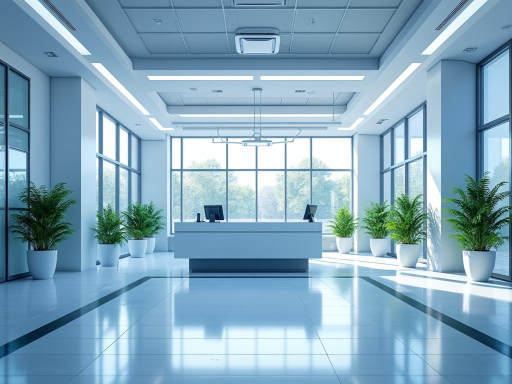 Modern office lobby with large windows, white reception desk, and indoor plants.