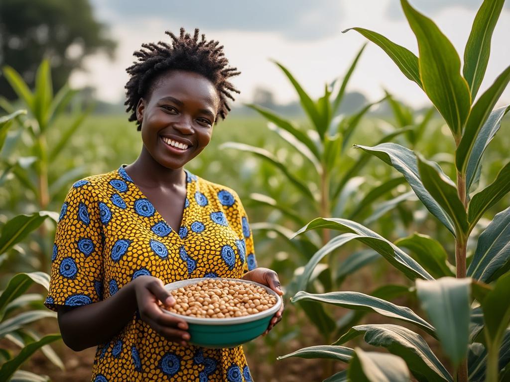Woman holding a bowl of beans, standing in a lush green field.