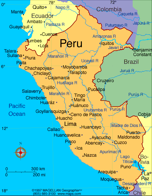 Peru ist ein Staat im westlichen Südamerika und grenzt im Norden an Ecuador und Kolumbien, im Osten an Brasilien, im Südosten an Bolivien, im Süden an Chile und im Westen an den Pazifik
