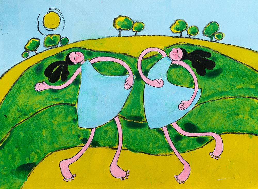 two girls dancing in a corn field