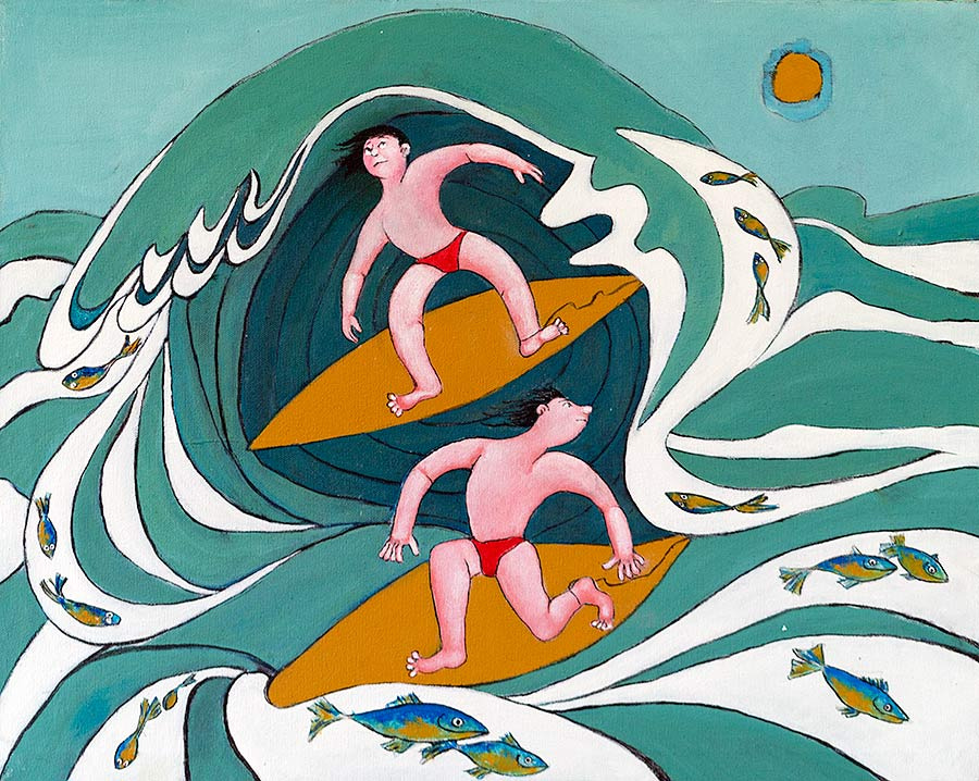 Humorous painting or T shirt of two surfers riding a wave by Welsh artist Muriel Williams