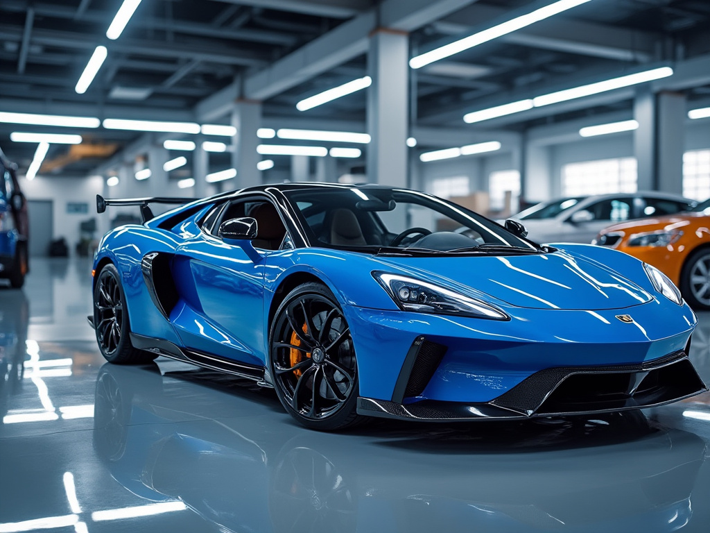 Blue sports car on display in a lit showroom, with black details and elegant wheels.