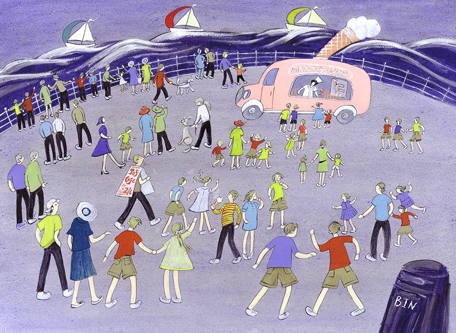 nostalgic painting print of an ice cream van at the seaside by Welsh artist Muriel Williams