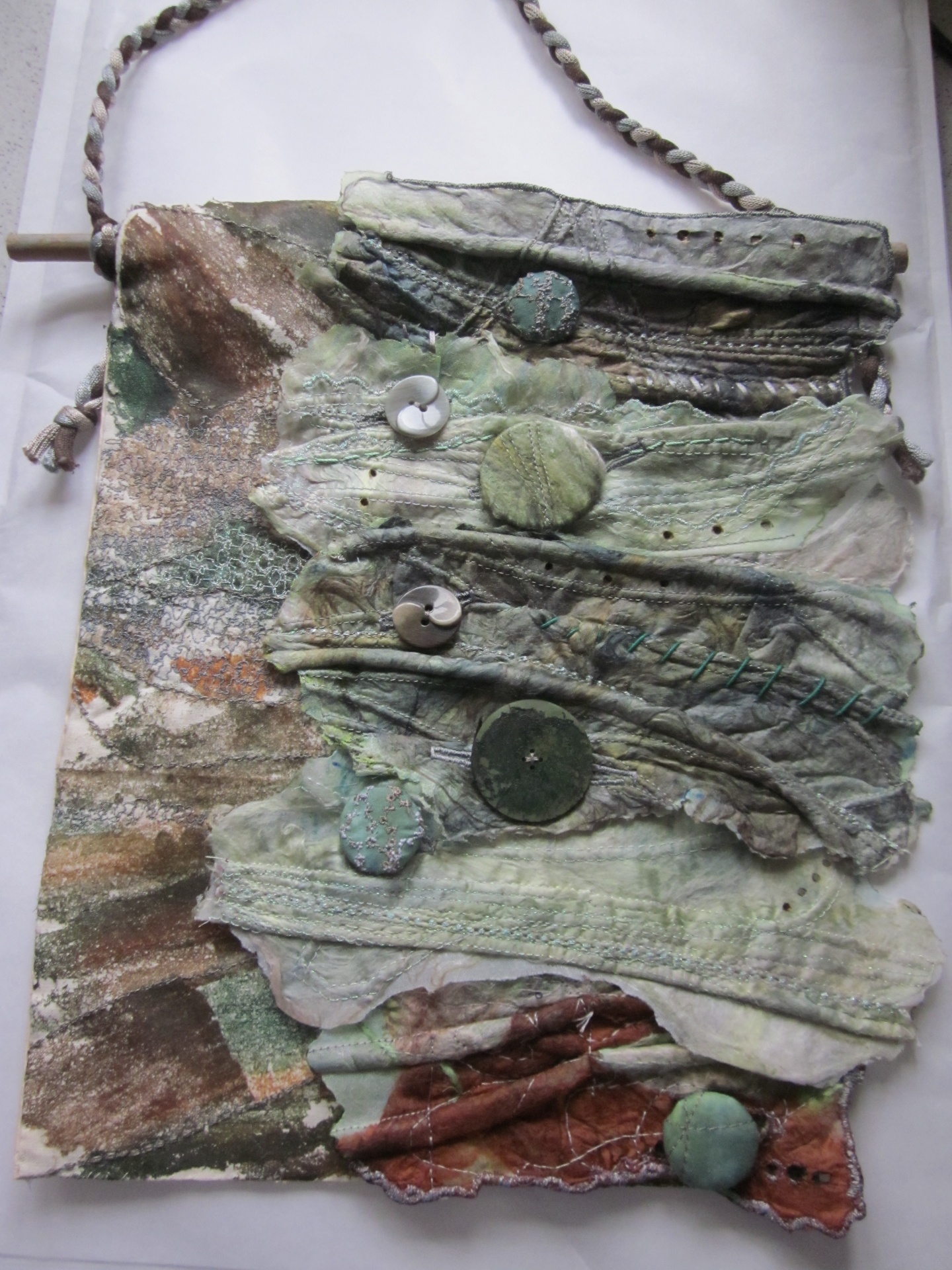 Silk Paper hanging with buttons & cords. SOLD