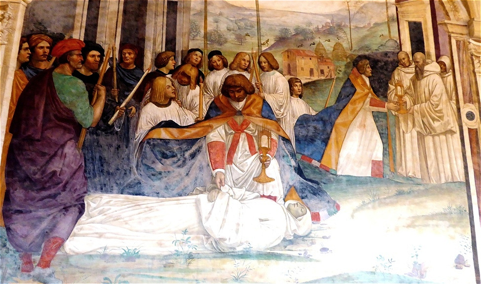 Benedikt hilft - er legt den Körper Christi (=Hostie) auf den Leichnam
So kann die Erde ihn aufnehmen