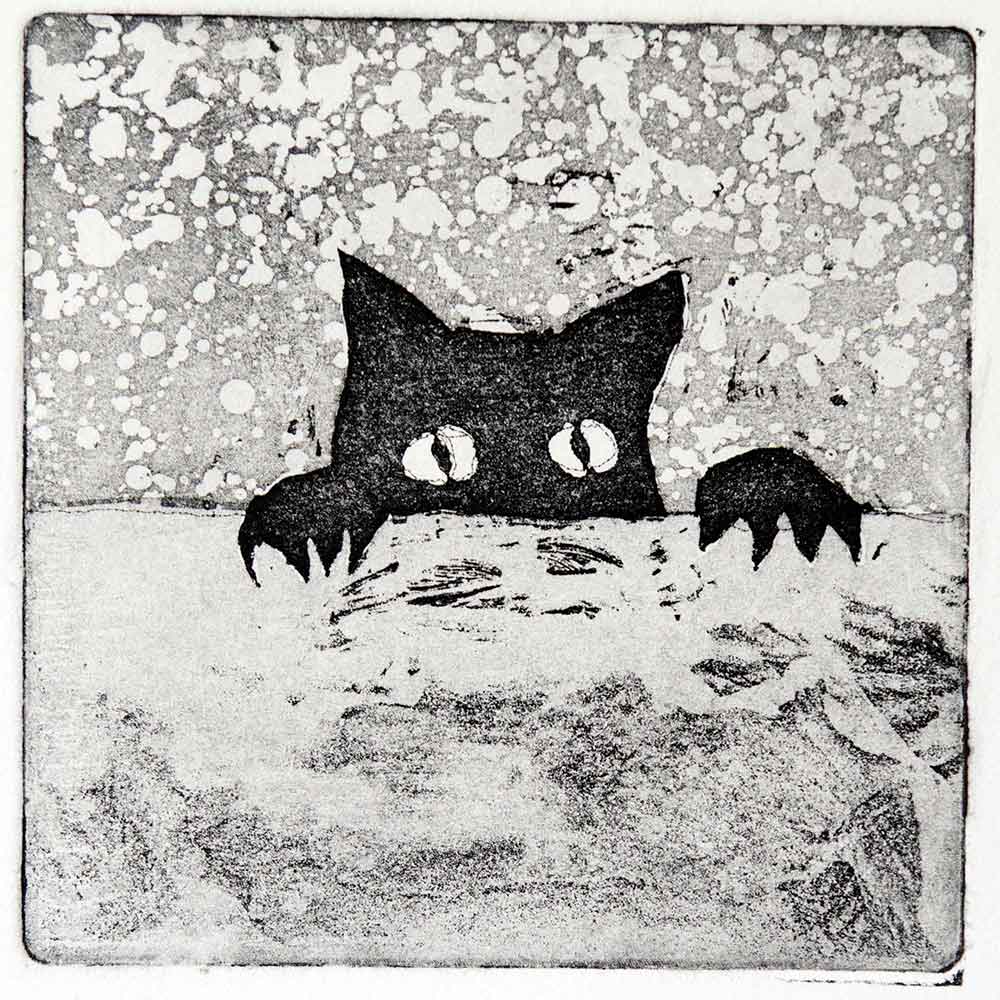 black and white medieval style kitten or cat image by contemporary Welsh artist Mark Lloyd Williams