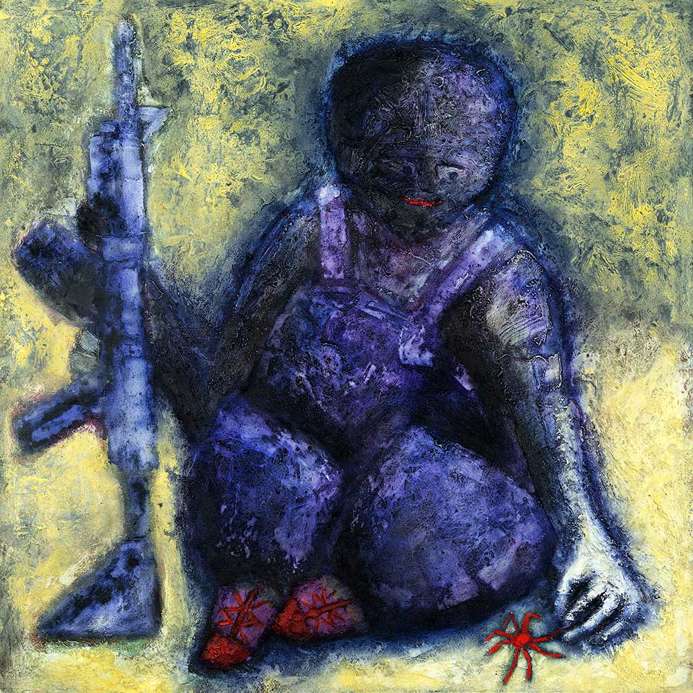 Surreal painting of a boy with an assault rifle picking up a spider by contemporary British artist Mark Lloyd Williams