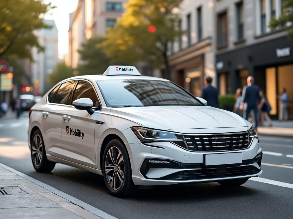 Carro branco da Mobilidade estacionado em uma rua urbana com prédios ao fundo e pessoas caminhando.