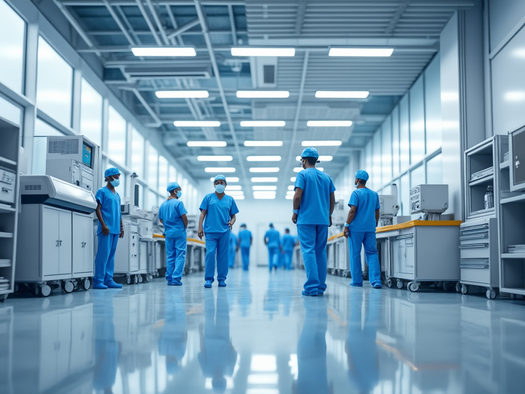 Medical team in blue scrubs and masks in a hospital hallway with modern equipment.
