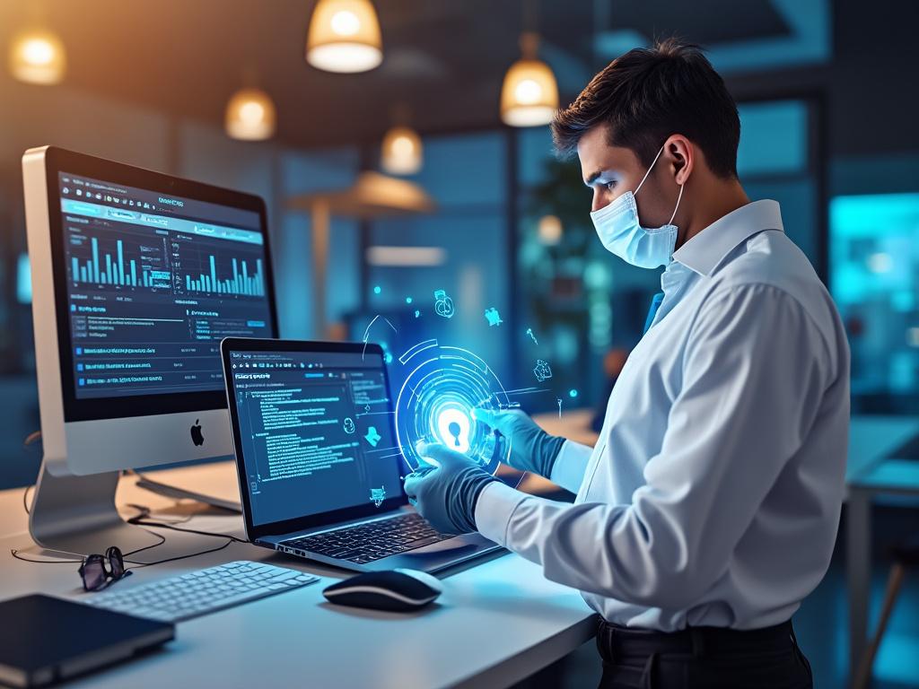 Professional working on computer with holographic imagery in modern office, wearing mask and gloves.
