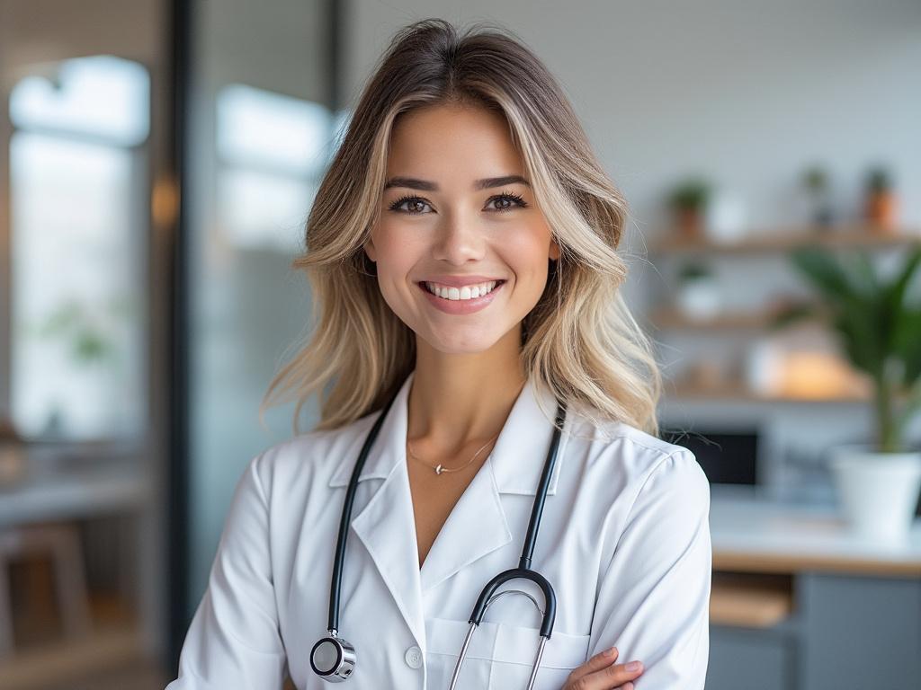 Lächelnde Ärztin in weißem Kittel mit Stethoskop vor einem modernen Bürohintergrund.