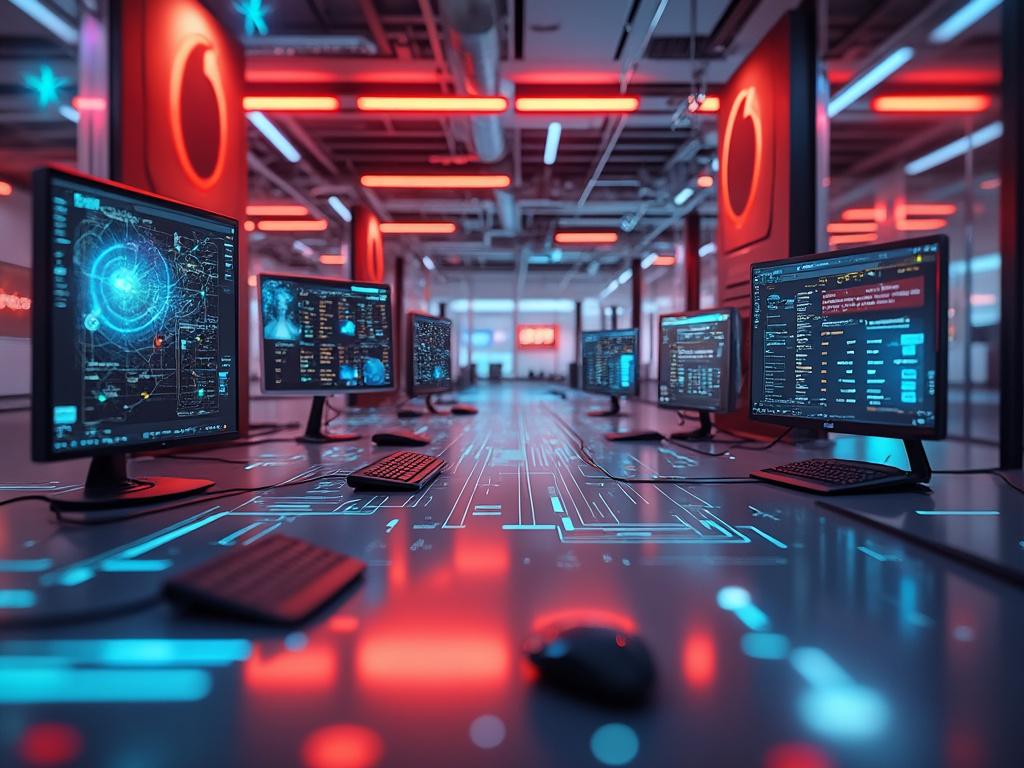 Sala de controle futurista com estações de trabalho e monitores exibindo imagens de dados e gráficos em um ambiente iluminado por luzes vermelhas e azuis.
