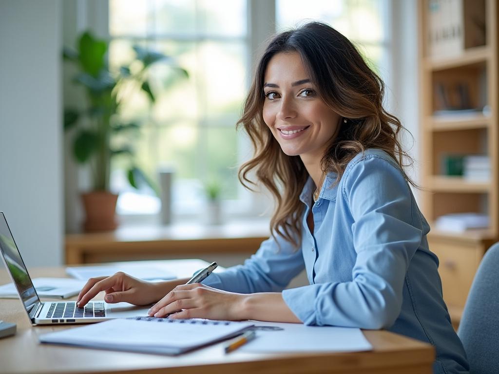 Mulher sorridente em escritório, trabalhando no laptop com papéis ao redor.