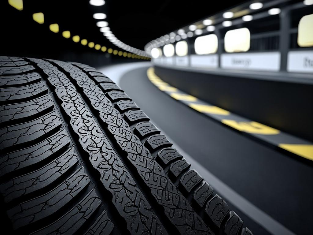Close-up view of a car tire with detailed tread pattern inside a tunnel with bright lights.
