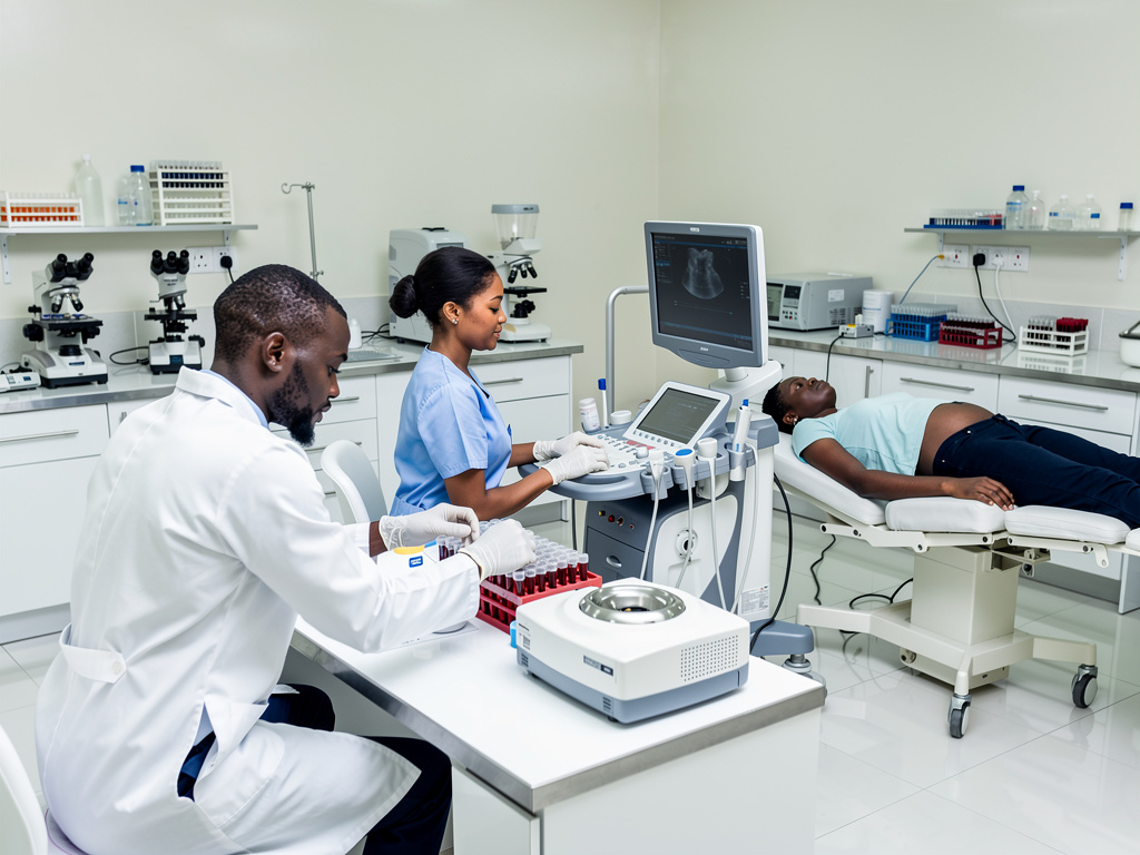 Medical lab with healthcare professionals performing blood tests and ultrasound exam on pregnant patient
Medical lab with healthcare professionals performing blood tests and ultrasound exam on pregnant patient