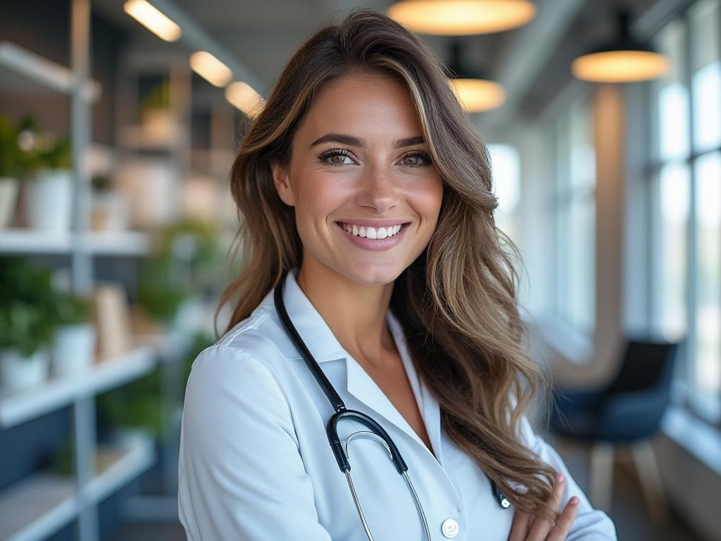 Ärztin lächelt mit Stethoskop, im Büro mit Pflanzen und großen Fenstern.