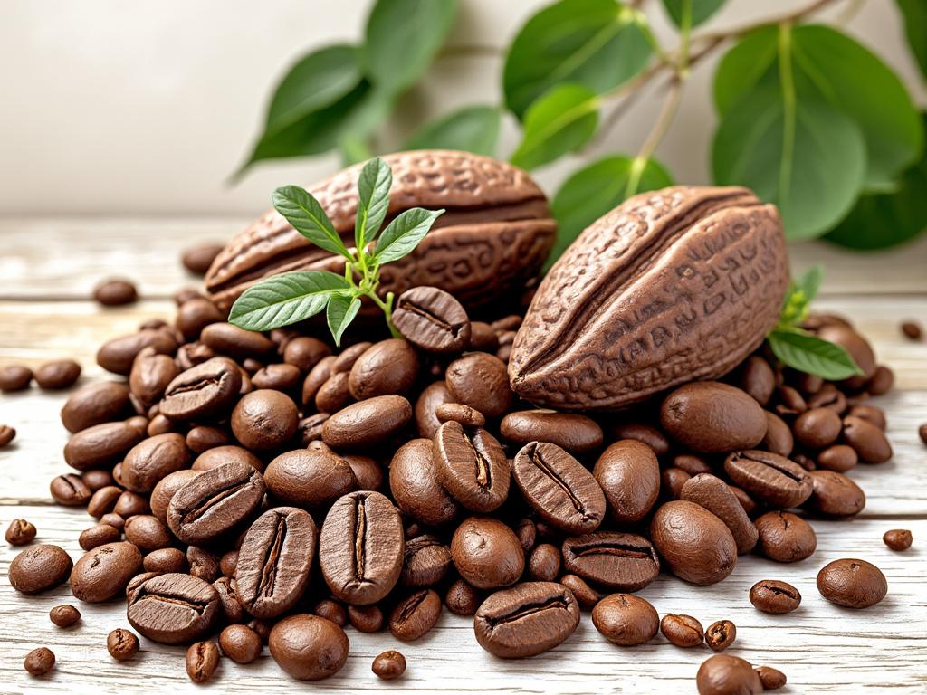 Cocoa pods and roasted coffee beans on wooden table with green leaves in background.