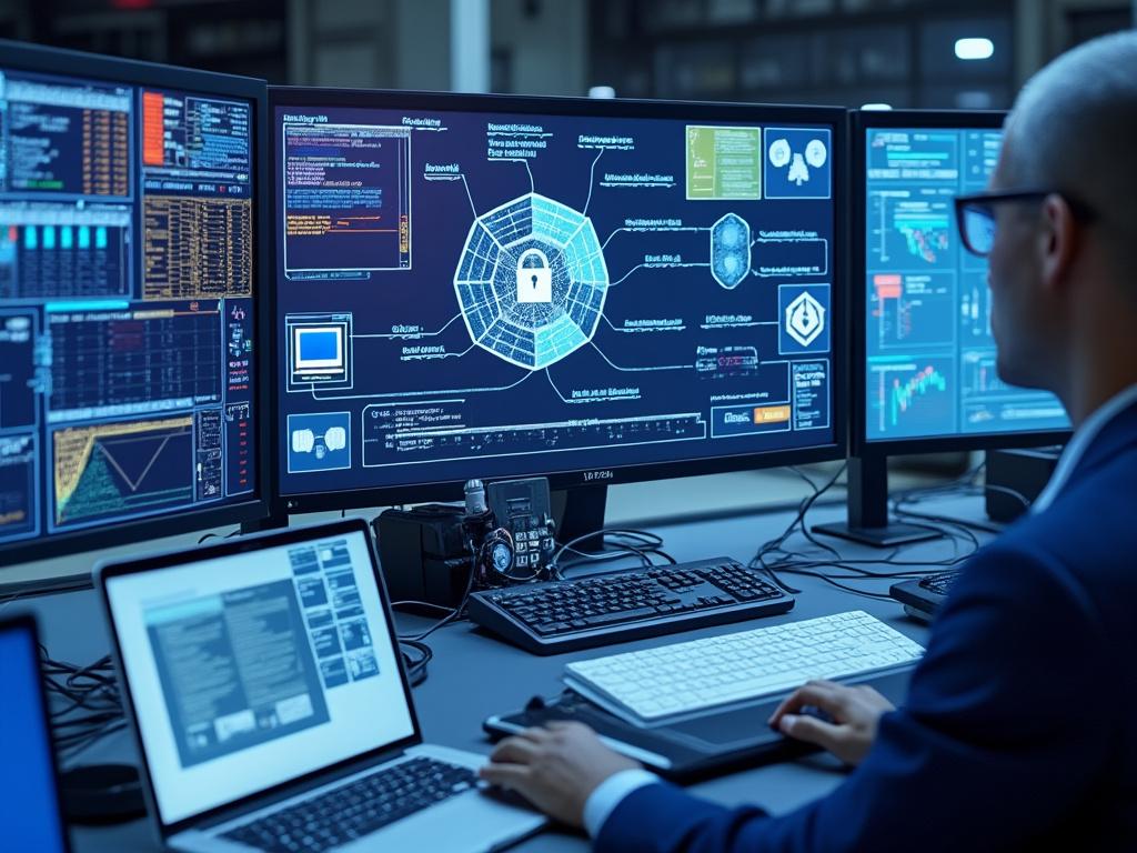 Person at computer workstation with multiple monitors displaying cybersecurity data and network analysis.