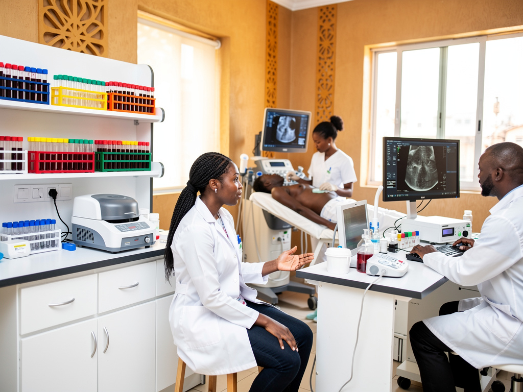Doctors and nurses in a modern medical clinic reviewing ultrasound scans with blood sample racks and lab equipment
Doctors and nurses in a modern medical clinic reviewing ultrasound scans with blood sample racks and lab equipment