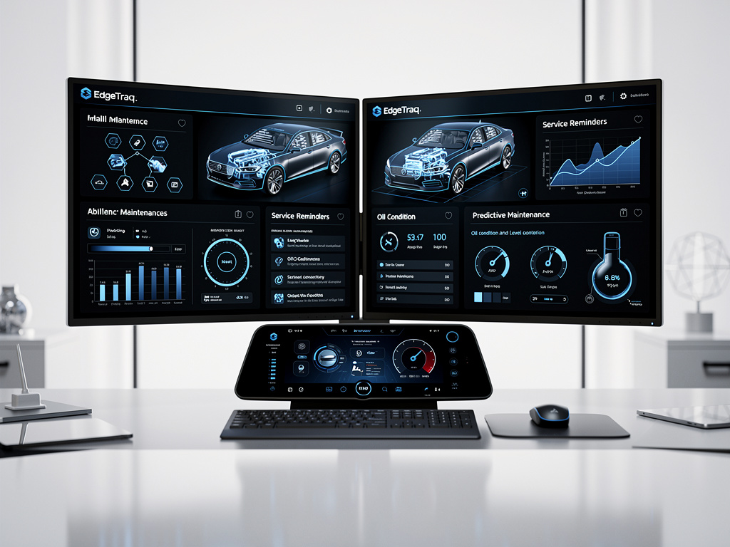 Fleet tracking technology website displayed on desktop monitor with connected cars, GPS maps, telematics dashboards, and vehicle management features
