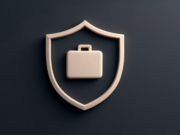 3D rendering of a suitcase inside a shield symbol on a dark background, representing business travel protection.