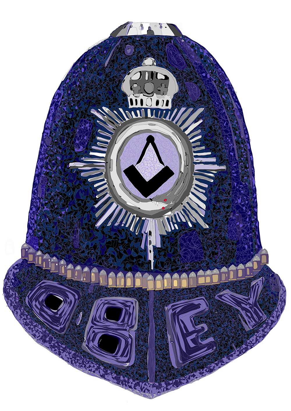 artwork of a traditional British police helmet with masonic insignia by Welsh artist Mark Lloyd Williams